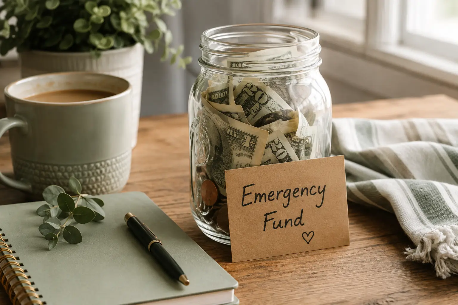 Emergency fund jar with cash and a handwritten savings goal label