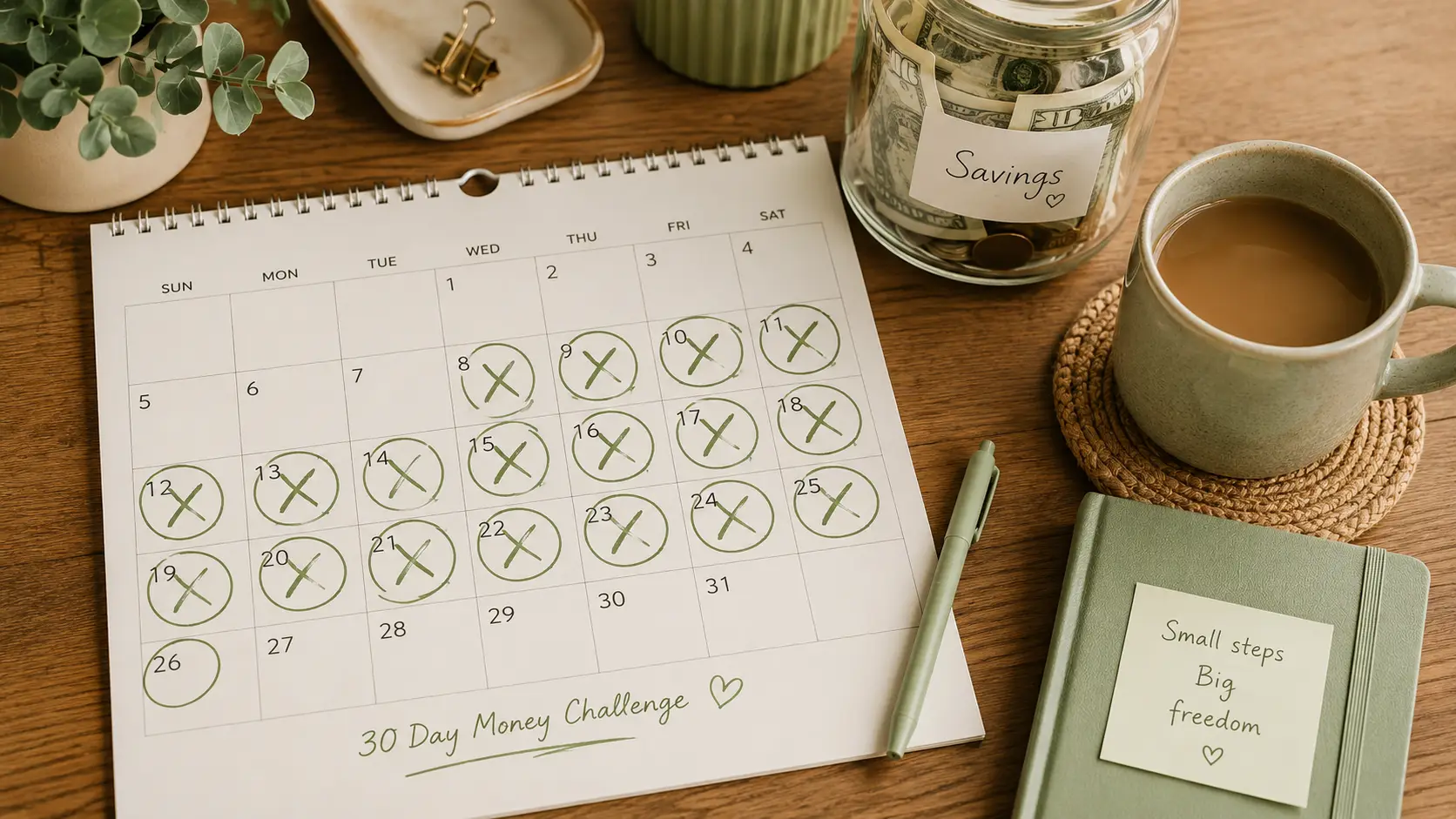 Calendar marked with a 30-day no-spend challenge next to a jar of saved cash