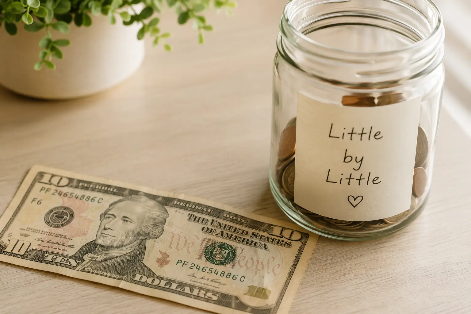 Ten dollar bill next to a small savings jar representing starting small on a low income