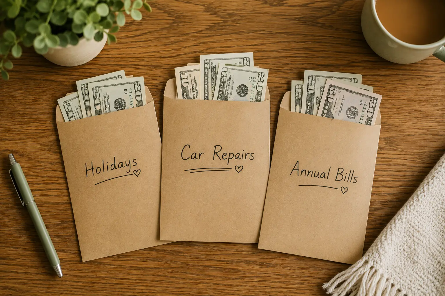Labeled savings envelopes for holidays, car repairs, and annual bills